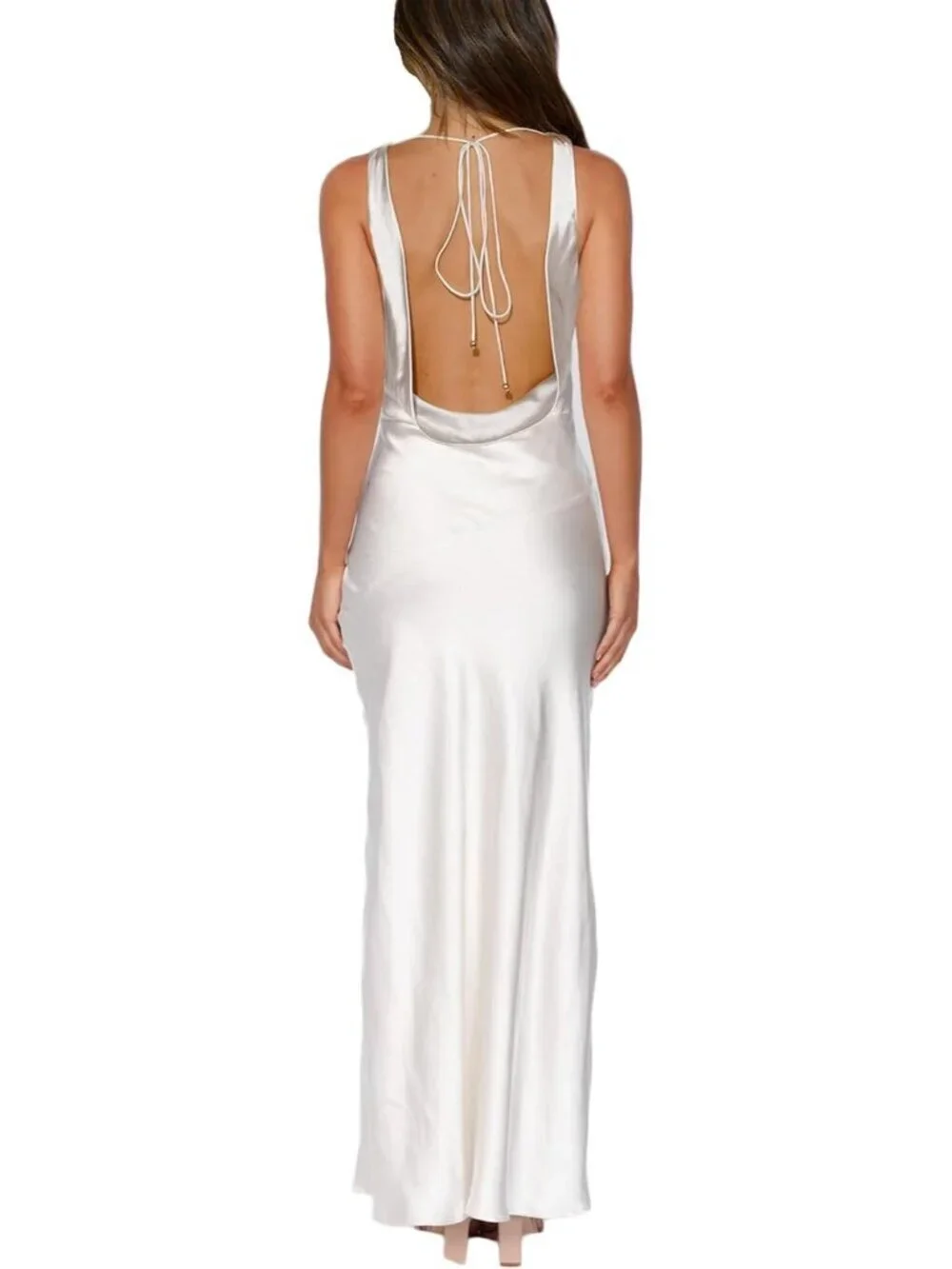 Women's White Summer Satin Backless Cowl Neck Elegant Polyester Maxi Dress